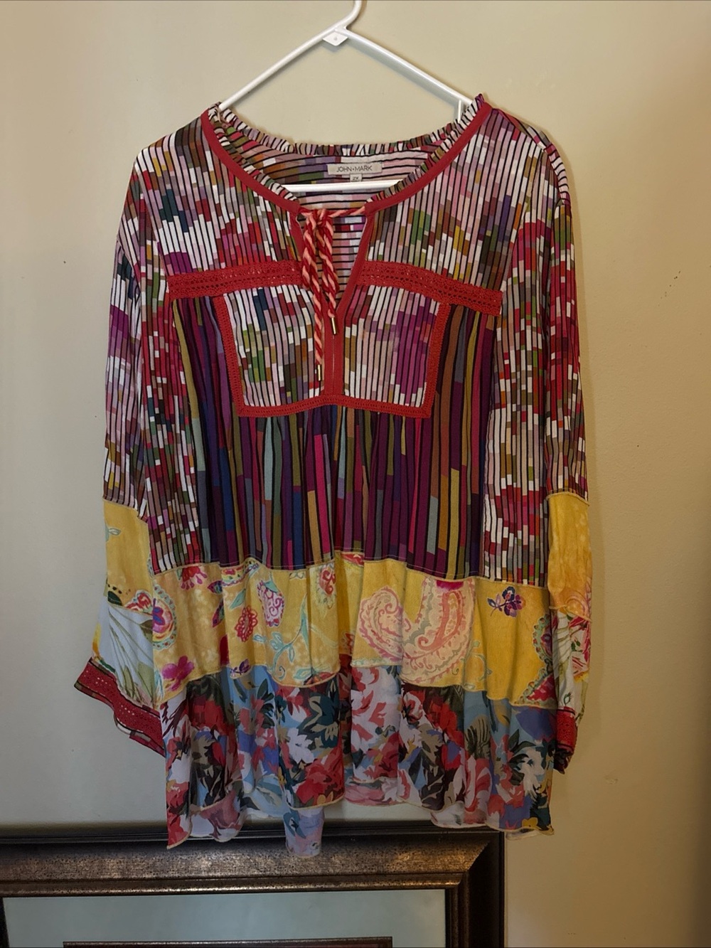 John Mark Multicolor Striped & Floral Boho Tunic with Yellow Panel